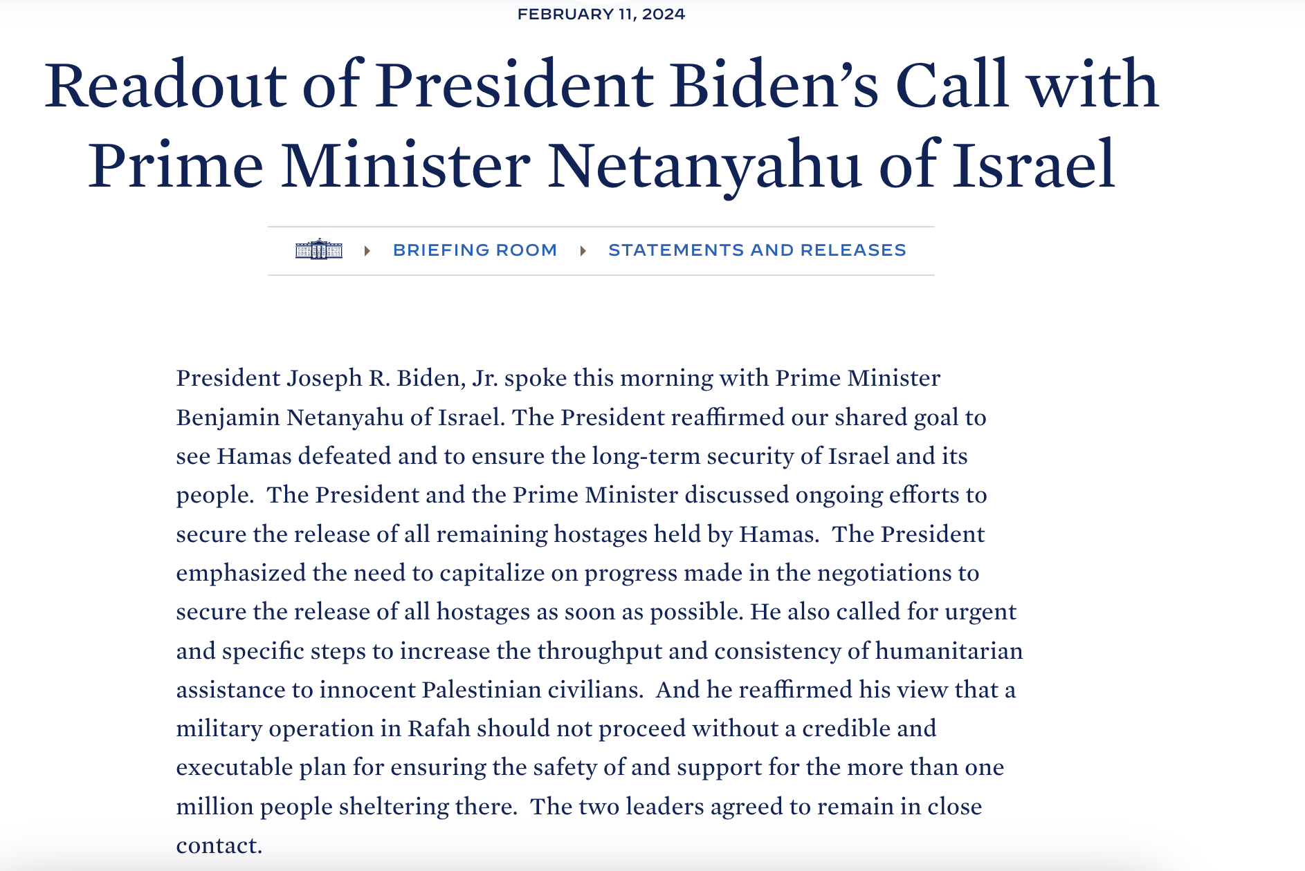 Comunicado sobre la llamada entre Biden y Netanyahu del 11 de febrero de 2024